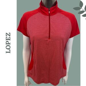 Lopez Women's Red White Zip-Up Short Sleeve Polo Top Contrast Print Size Medium